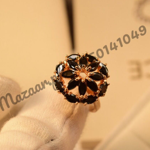 Fancy Golden Black Flower Crystal Zircon Ring for Girls/Women - Meerzah