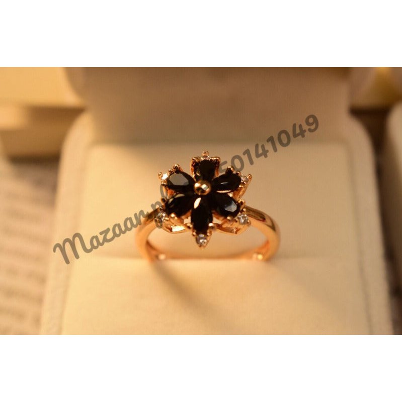 Beautiful Black Flower Golden Crystal Ring for Girls/Women - Meerzah