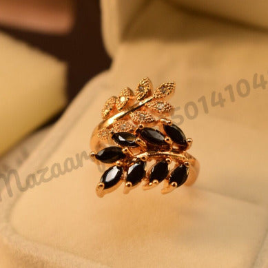 Antique Leaf Black Zircon Golden Crystal Ring for Girls/Women - Meerzah