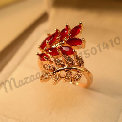 Antique Leaf Maroon Zircon Golden Crystal Ring for Girls/Women - Meerzah