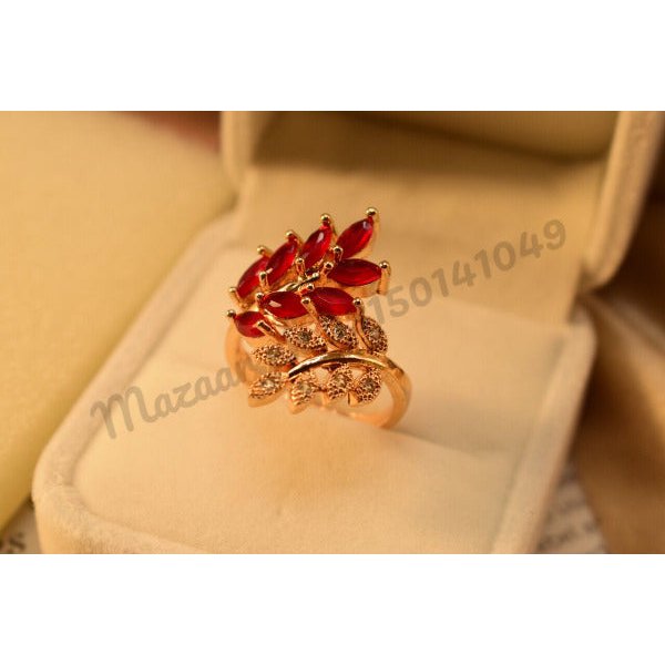 Antique Leaf Maroon Zircon Golden Crystal Ring for Girls/Women - Meerzah