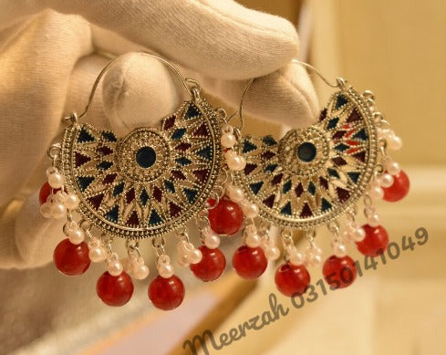 Antique Red White Pearls Jhumkas Earings for Girls/Women