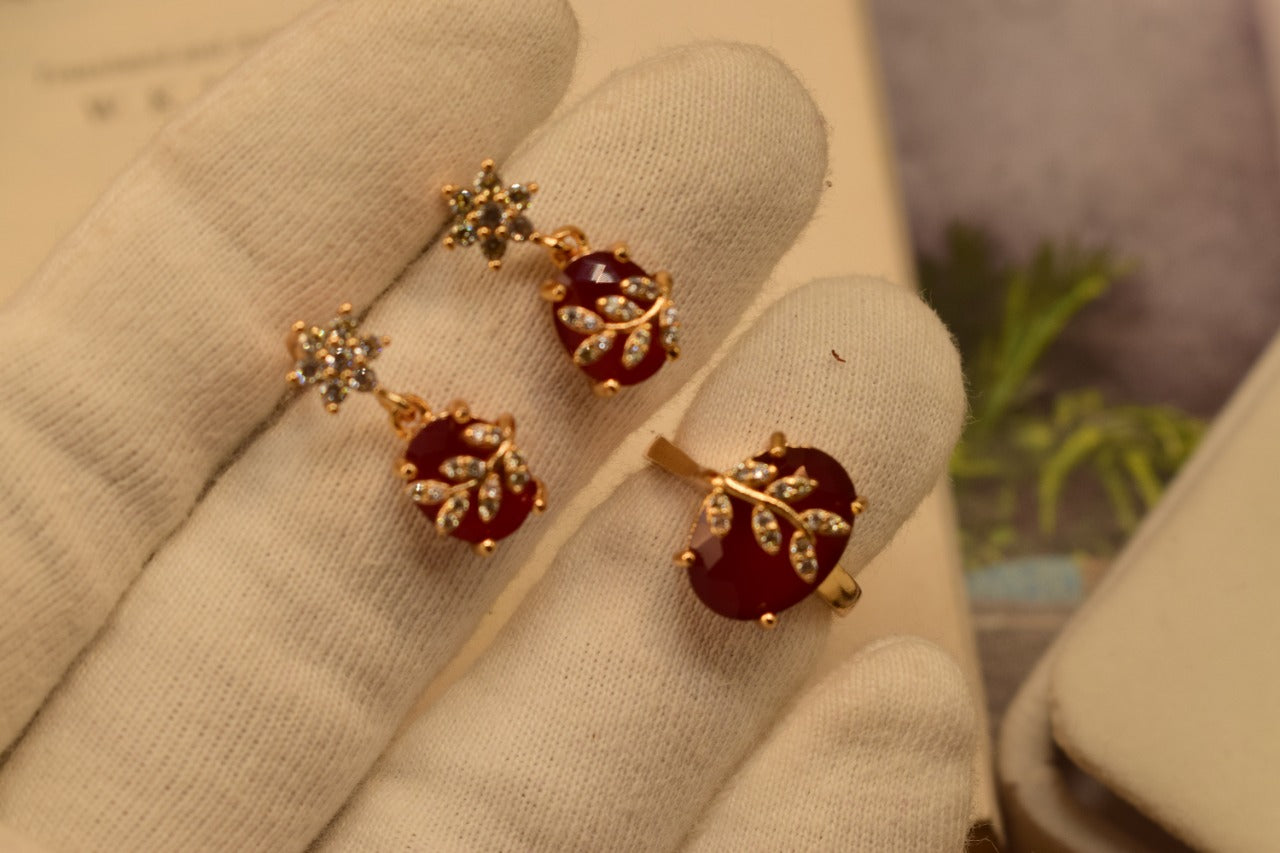 Stylish Gold Coated Maroon Stone Earrings and Ring For Girls/Women