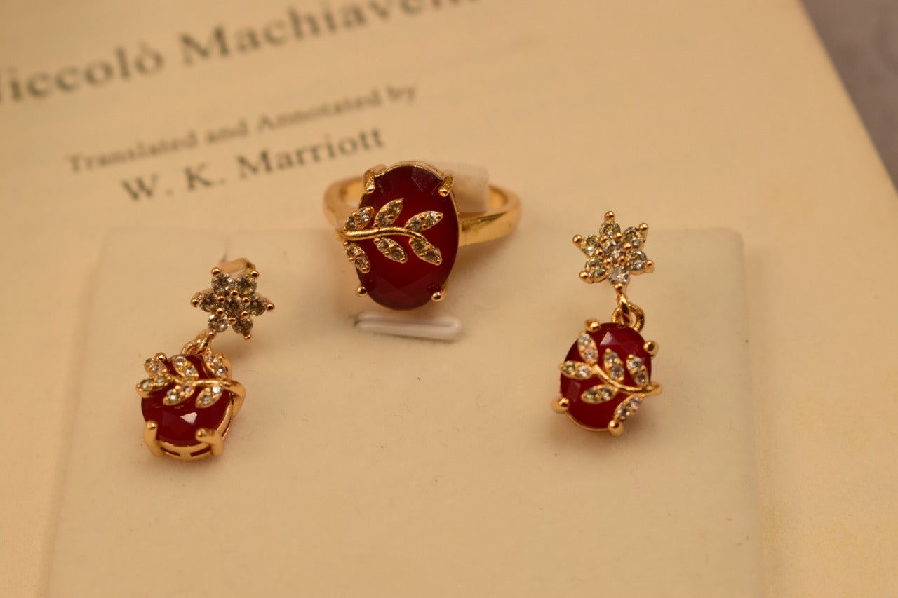 Stylish Gold Coated Maroon Stone Earrings and Ring For Girls/Women