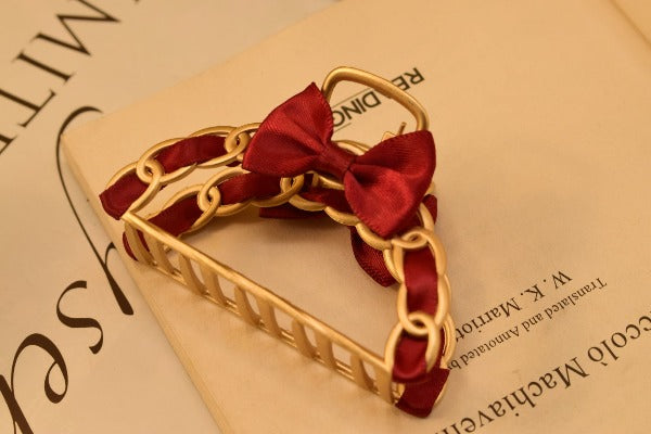 Maroon/White/Black Ribbon Golden Hair Clips For Girls/Women