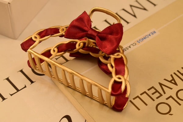 Maroon/White/Black Ribbon Golden Hair Clips For Girls/Women