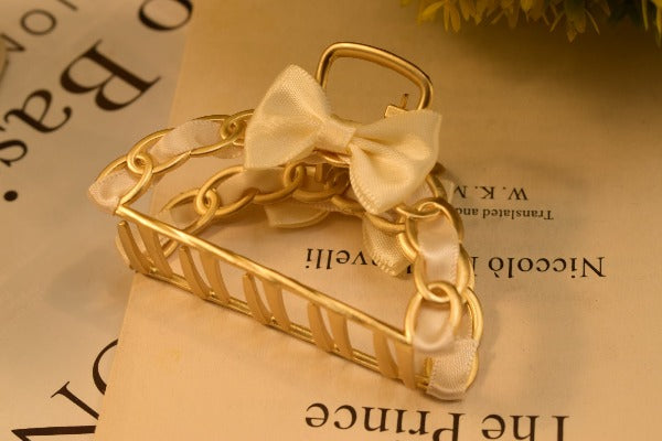 Maroon/White/Black Ribbon Golden Hair Clips For Girls/Women