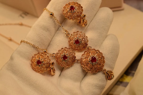 Stylish Crystal Golden Maroon Zircon Necklace set for Girls/Women