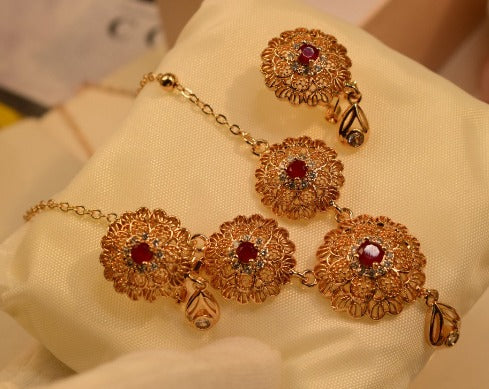 Stylish Crystal Golden Maroon Zircon Necklace set for Girls/Women