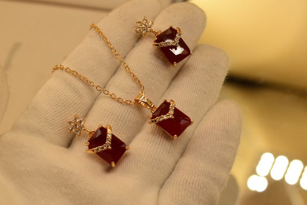 Fancy Stylish Maroon Stone Design Golden Necklace set for Girls/Women