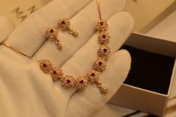 Beautiful Maroon Stones Golden Unique Design Necklace set for Girls/Women