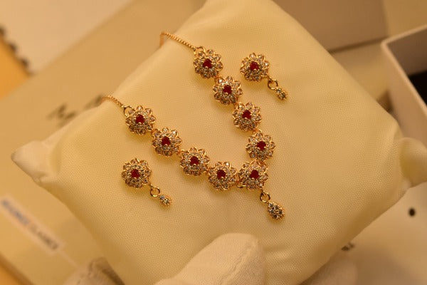 Beautiful Maroon Stones Golden Unique Design Necklace set for Girls/Women