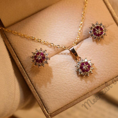 Elegant Design Flower Fancy Maroon Golden Crystal Necklace Sets for Girls/Women - Meerzah