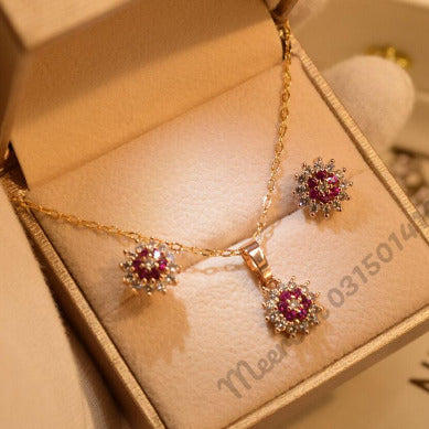 Elegant Design Flower Fancy Maroon Golden Crystal Necklace Sets for Girls/Women - Meerzah