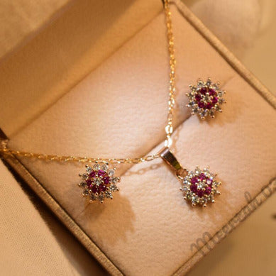 Elegant Design Flower Fancy Maroon Golden Crystal Necklace Sets for Girls/Women - Meerzah