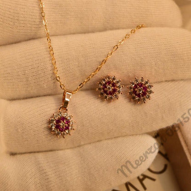 Elegant Design Flower Fancy Maroon Golden Crystal Necklace Sets for Girls/Women - Meerzah