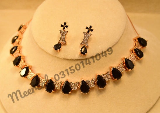 Fancy Black Stone Crystal Necklace Sets for Girls/Women