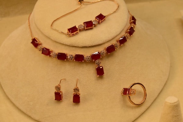 Elegant Maroon Zircon Crystal Gold Plated Necklace Sets for Girls/Women