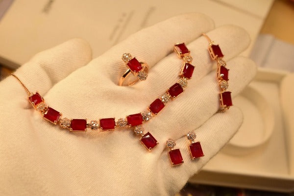 Elegant Maroon Zircon Crystal Gold Plated Necklace Sets for Girls/Women