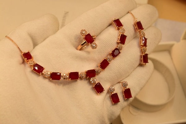 Elegant Maroon Zircon Crystal Gold Plated Necklace Sets for Girls/Women