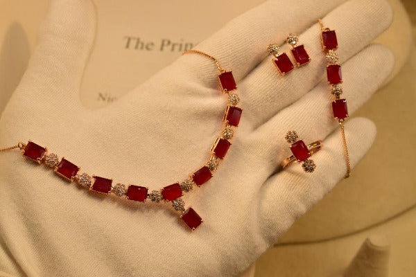 Elegant Maroon Zircon Crystal Gold Plated Necklace Sets for Girls/Women