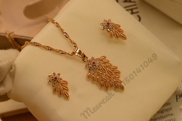 Elegant Leaf Golden Crystal Necklace Sets for Girls/Women - Meerzah