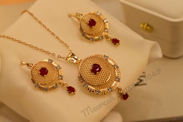 Stunning Round Golden Maroon Crystal Necklace Sets for Girls/Women - Meerzah