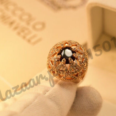 Elegant Golden Black Cut Stone Crystal Ring for Girls/Women - Meerzah